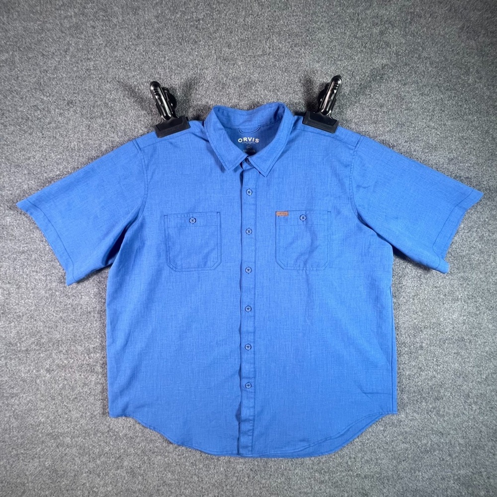 Orvis Mens 2XL Blue Polyester Short Sleeve Fishing Hunting Button Up Shirt